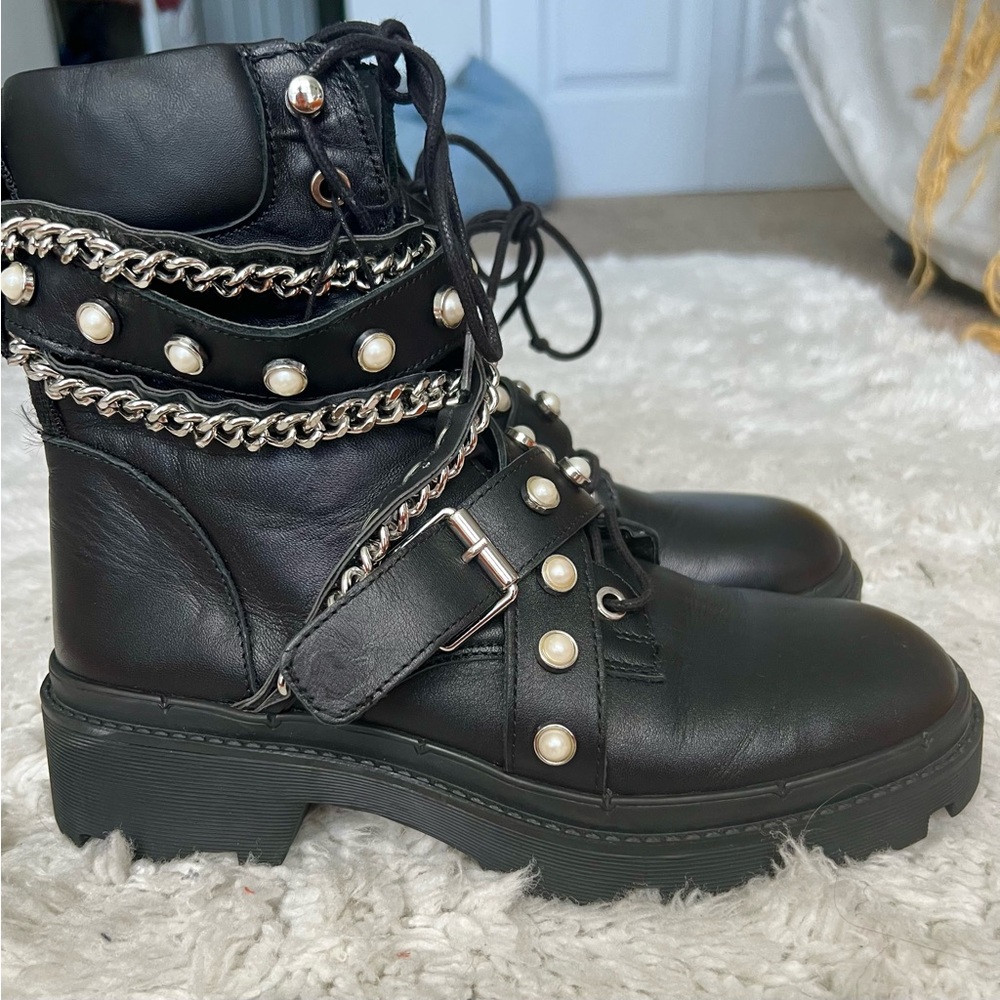 Zara pearl and chain detailed black leather  boots